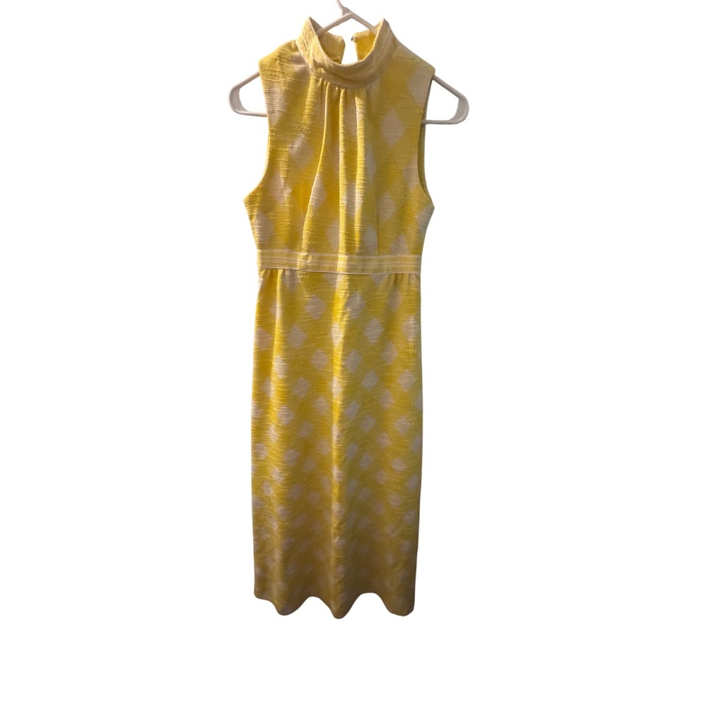Vintage Melissa Lane Yellow White Diamond Harlequin Mock‎ Neck  Dress M